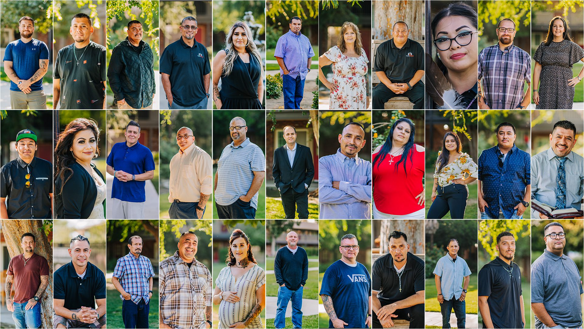 A collage of 30 individual portraits featuring diverse adults, each posing outdoors in casual to semi-formal attire, with trees and greenery in the background.