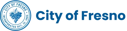 City of Fresno logo featuring a circular seal with grapes and the text City of Fresno Incorporated Oct. 12, 1885 next to bold blue text reading City of Fresno.