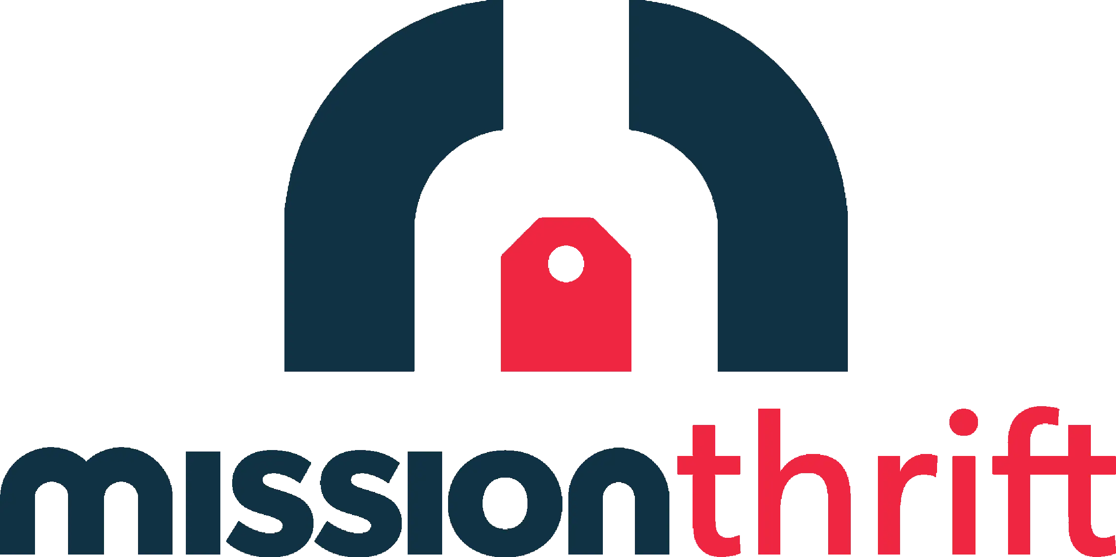 Logo for Mission Thrift featuring a stylized navy blue arch with a red price tag inside. The text mission is in navy blue and thrift in red, both in lowercase bold font.