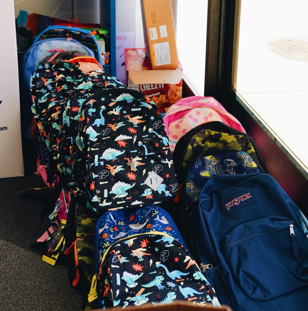 Backpack in line to be given out to Fresno Mission kids going back to school